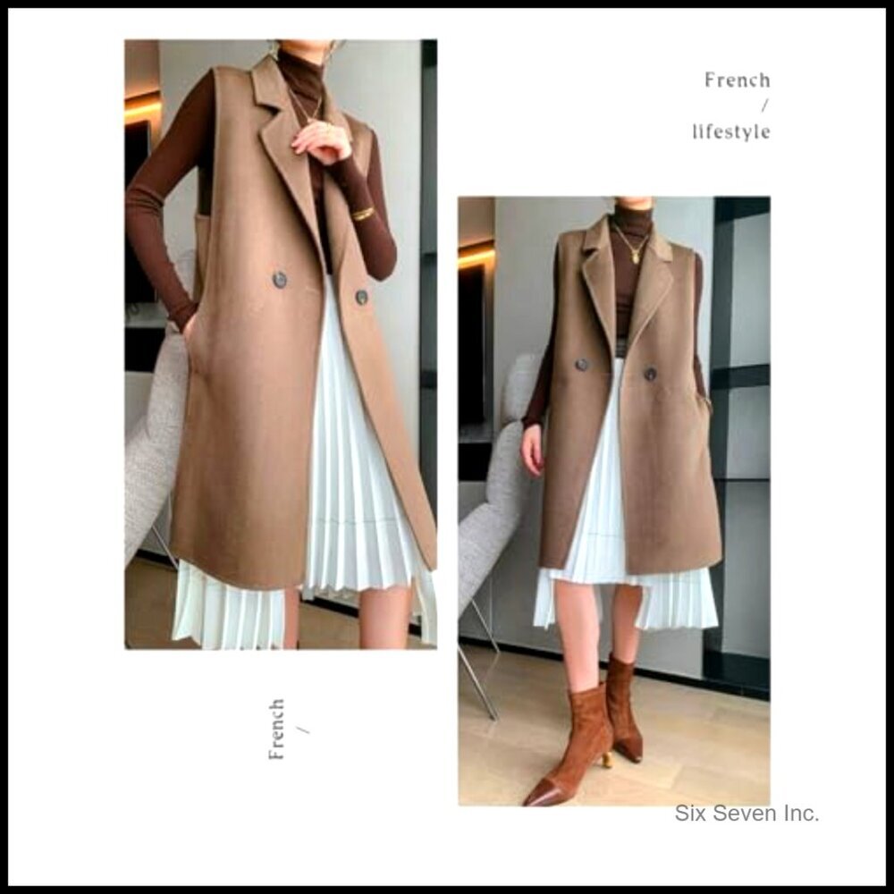 Long Wool Vest Sleeveless Blazer Jacket Polyester Blend - Picture 3 of 3